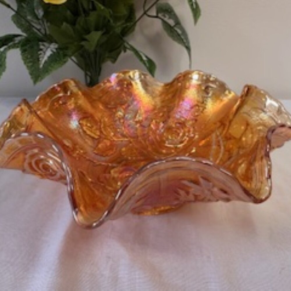 Vintage Marigold Imperial Carnival Glass Bowl with Roses and Leaves Pattern‎